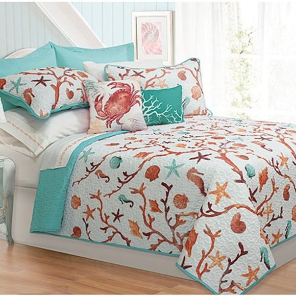 New Aqua Ocean Club 5-Piece Bedding Quilt Set • Reversible • Double-Queen (DQ) - Picture 2 of 5
